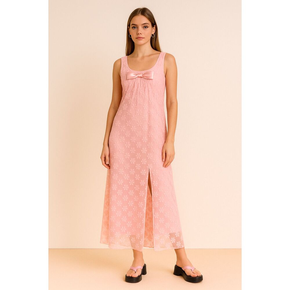 Vintage Pink Floral Front Split Empire Waist Lace Maxi Dress  Women's Size Small